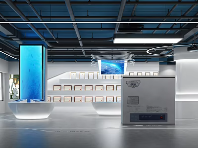 Modern Exhibition Hall With Large Blue Display Screen White Platforms And Wall Mounted Photo Frames 3d model