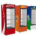 Red Upright Refrigerators with Glass Doors Branded Coca-Cola Fanta Logos