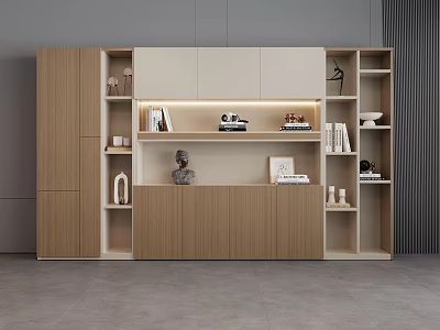 Modern Wooden Bookcase With Open And Closed Storage Compartments Decorative Items Books And Sculpture 3d model