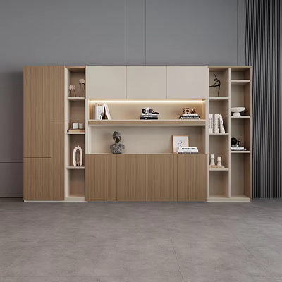 Modern Wooden Bookcase With Open And Closed Storage Compartments Decorative Items Books And Sculpture 3d model
