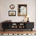 Dark Wooden TV Stand With Drawers Glass Doors Table Lamp Books And Record Player