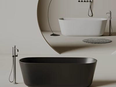 Modern Minimalist Bathroom With Black White Bathtubs Faucets And Rug 3d model