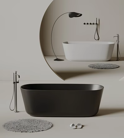 Modern Minimalist Bathroom With Black White Bathtubs Faucets And Rug 3d model