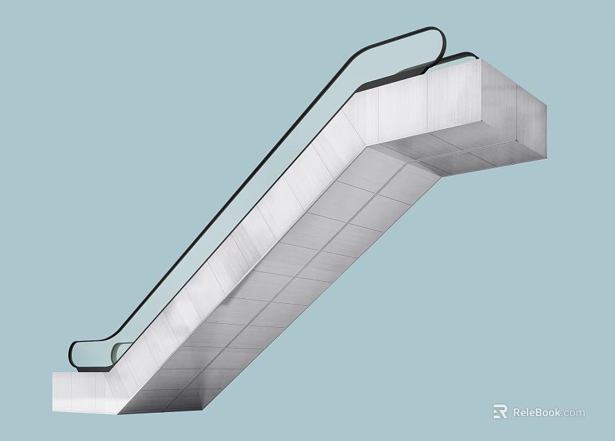 Modern Escalator Design With Silver Metal Steps And Black Handrail Elements 3d model 