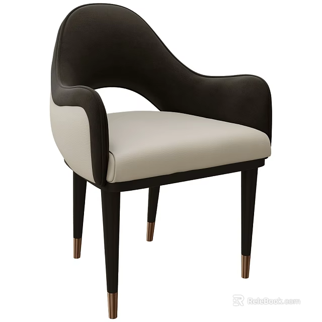 Modern Dining Chair with Black Backrest Armrest Beige Seat and Black Legs with Copper Feet 3d model 