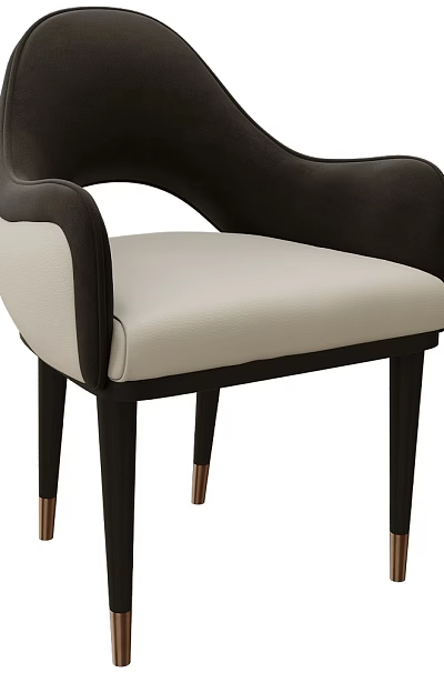 Modern Dining Chair with Black Backrest Armrest Beige Seat and Black Legs with Copper Feet 3d model