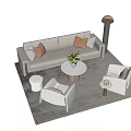 Modern Sofa and Coffee Table Set with Beige Throw Pillows Round Table and White Armchairs 3d model