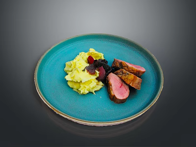 Duck Breast Slices on Blue Plate with Mashed Potatoes and Fruit Sauce 3d model