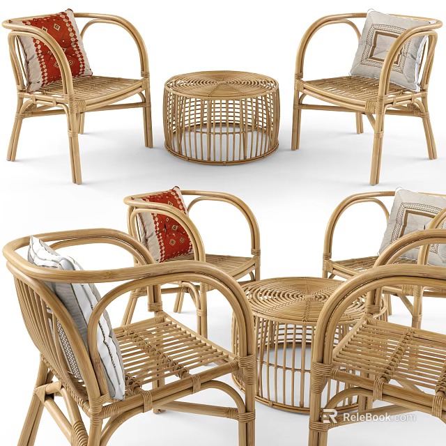 Rattan Outdoor Table With Matching Chairs And Decorative Cushions For Patio Use 3d model 