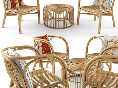 Rattan Outdoor Table With Matching Chairs And Decorative Cushions For Patio Use 3d model
