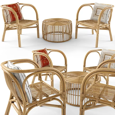 Rattan Outdoor Table With Matching Chairs And Decorative Cushions For Patio Use 3d model
