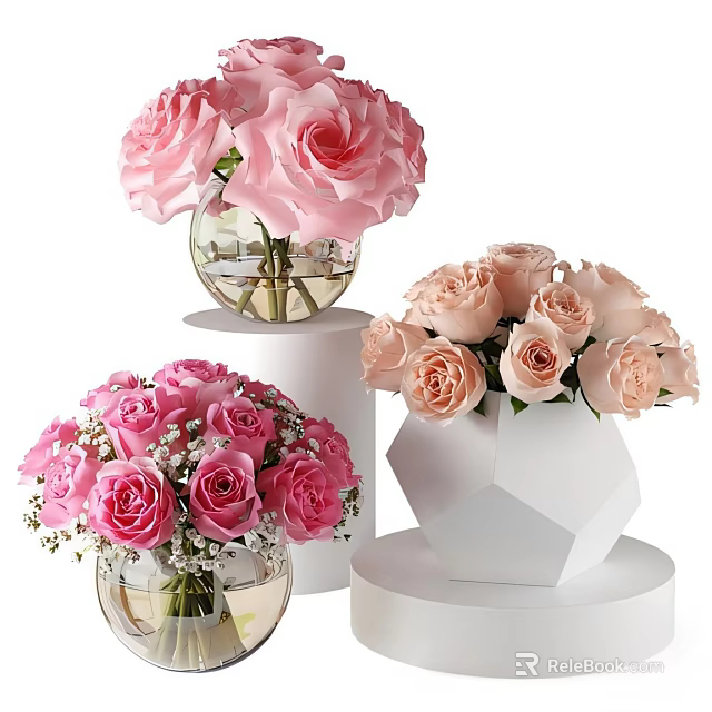 Pink And Light Pink Roses In Transparent And White Geometric Vases On Pedestals 3d model 