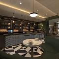 Café Interior With Rattan Chairs Black And White Geometric Floor And Pendant Lights