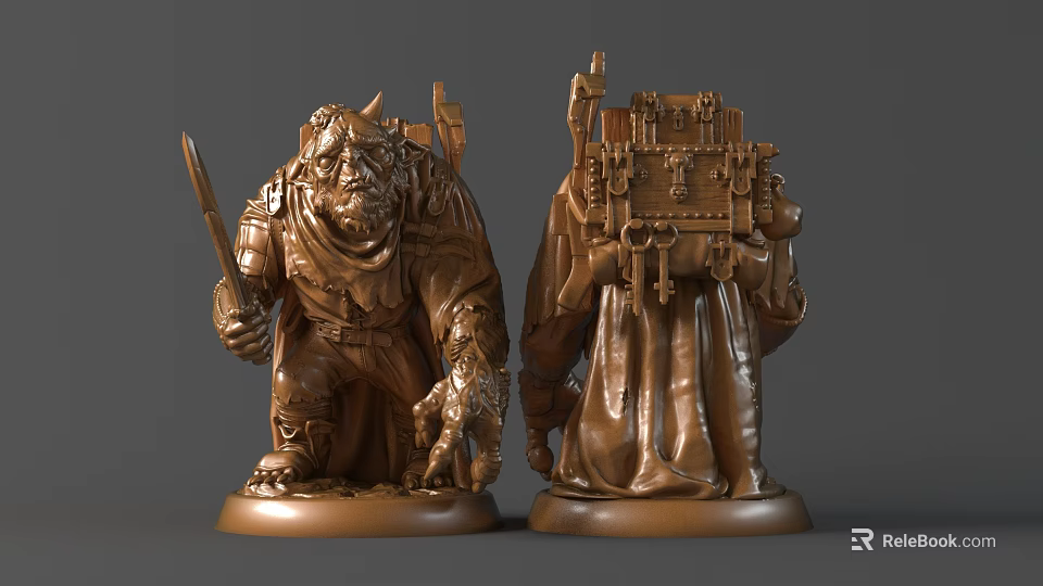 Detailed Fantasy Character Sculptures Horned Warrior Holding Knife And Backpack With Gear Bronze Colored 3d model 