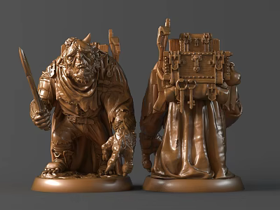 Detailed Fantasy Character Sculptures Horned Warrior Holding Knife And Backpack With Gear Bronze Colored 3d model