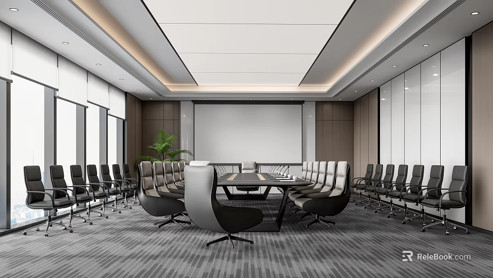 Modern Conference Room With Large Table Comfortable Chairs Screen And Windows 3d model 