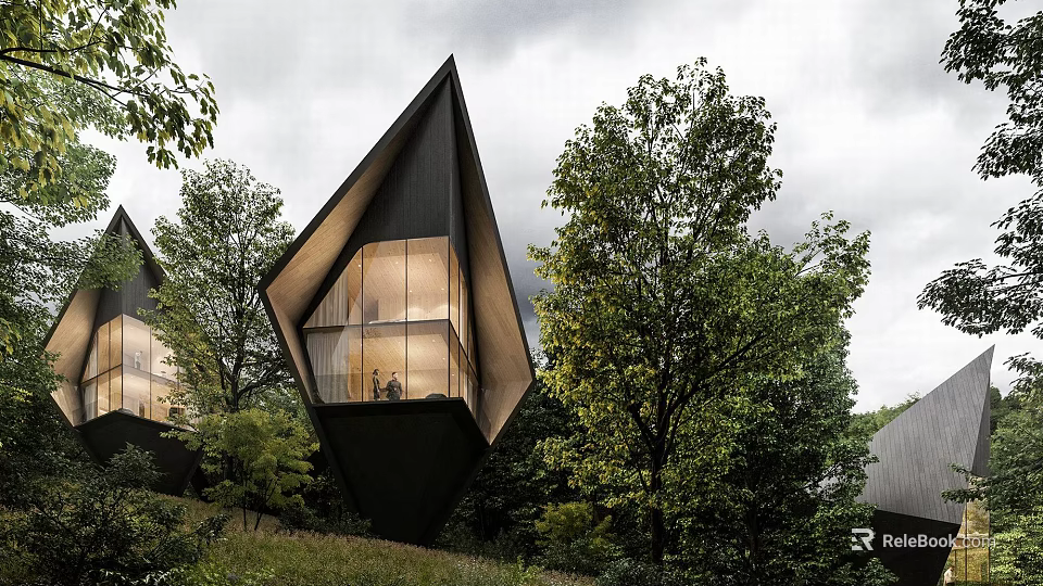 Modern Detached Villa With Unique Geometric Architecture Surrounded By Trees And Large Windows 3d model