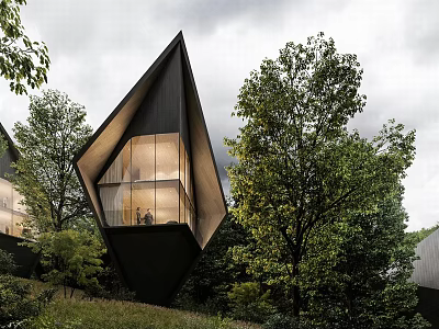 Modern Detached Villa With Unique Geometric Architecture Surrounded By Trees And Large Windows 3d model