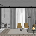 Modern Living Room Interior Design With Gray Curtains Orange Chairs Sofa Floor-to-ceiling Windows Wooden Floor