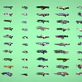 Various Designed Weapons with Different Styles Arranged Neatly on Green Background