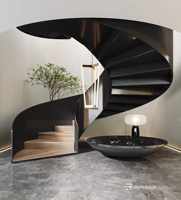 Black Modern Spiral Staircase Interior Design With Wooden Steps Green Plant And Black Round Table 3d model 