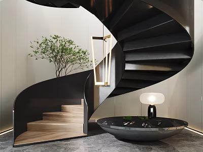 Black Modern Spiral Staircase Interior Design With Wooden Steps Green Plant And Black Round Table 3d model