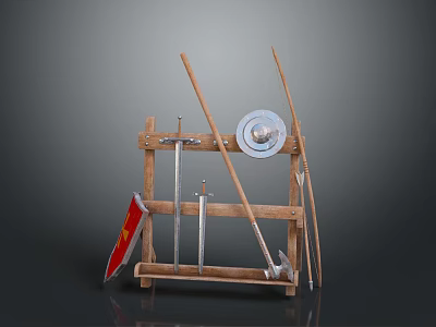 Medieval Style Wooden Weapon Display Rack with Shield Sword Axe and Spears 3d model