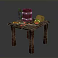 Rustic Wooden Table With Wooden Bucket Clay Pot And Knife On Top