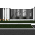 Modern Feature Wall Design With Vertical Metal Slats And Green Lawn Near Brick Pathway