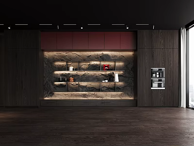 Elegant Modern Sideboard With Wooden Cabinetry Marble Backdrop And Open Shelves 3d model
