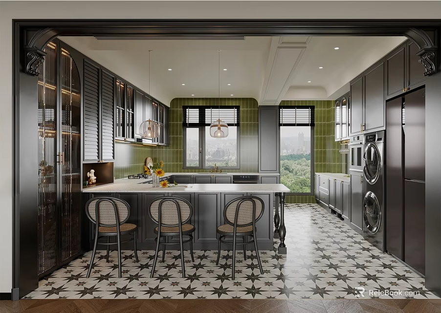 Dark Cabinet Kitchen Interior With Island Counter Green Tiles Pendant Lights And Patterned Floor 3d model 