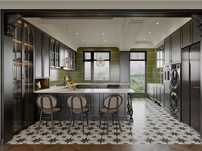 Dark Cabinet Kitchen Interior With Island Counter Green Tiles Pendant Lights And Patterned Floor 3d model