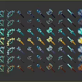 Various Colorful Game Weapons With Shiny Gemstone Decorations Arranged Neatly