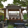 Serene Japanese Karesansui Garden Featuring Thatched Pavilion Stones Mossy Paths And Wooden Fence