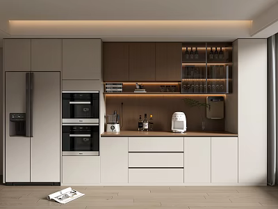 Modern Built in Wine Cabinet With Glass Door Shelves And Lighting In Kitchen Interior 3d model
