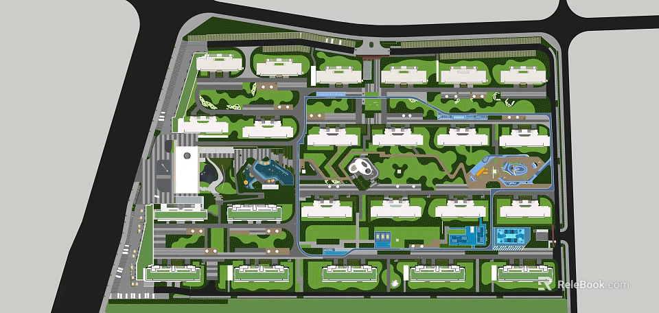 Residential Landscape Layout With Green Spaces Water Features And Pathways 3d model 