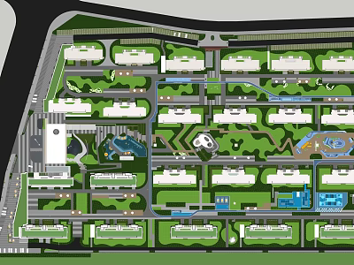 Residential Landscape Layout With Green Spaces Water Features And Pathways 3d model