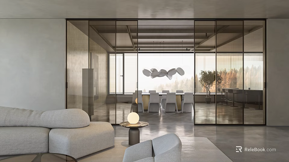 Modern Living and Dining Room Interior Design With Glass Partitions Large Windows And Pendant Lights 3d model 