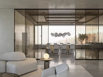 Modern Living and Dining Room Interior Design With Glass Partitions Large Windows And Pendant Lights 3d model