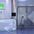 Cartoon Scene Of Children Watching Giant Green Pterosaur Model With Display Screens