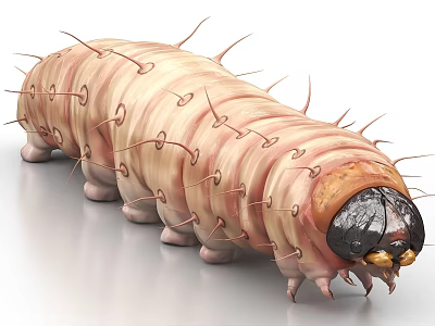 Close Up View Of Reptile Caterpillar With Striped Segmented Body And Spiny Projections 3d model