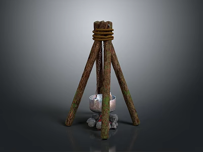 Rustic Wooden Tripod Structure With Hanging Metal Pot And Stone Base 3d model