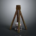 Rustic Wooden Tripod Structure With Hanging Metal Pot And Stone Base