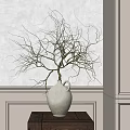 White Textured Ceramic Vase With Leafless Branches On Wooden Table By Light Colored Wainscoted Wall