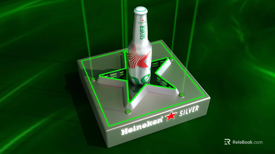 Heineken Silver Beer Bottle Display On Star Shaped Base With Green Laser Lights 3d model 