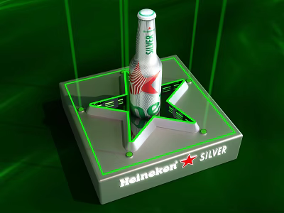 Heineken Silver Beer Bottle Display On Star Shaped Base With Green Laser Lights 3d model