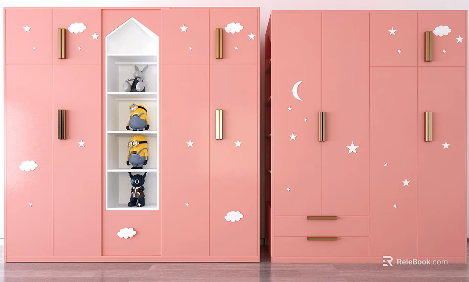 Pink Kids Wardrobe with Cloud Star Moon Decor Golden Handles Open Shelves and Stuffed Toys 3d model 