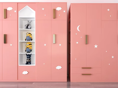 Pink Kids Wardrobe with Cloud Star Moon Decor Golden Handles Open Shelves and Stuffed Toys 3d model