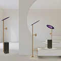 Modern Floor Lamp With Golden Pole Black Base And Purple Shade In Minimalist White Room