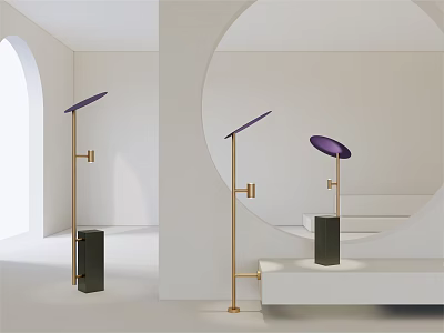 Modern Floor Lamp With Golden Pole Black Base And Purple Shade In Minimalist White Room 3d model